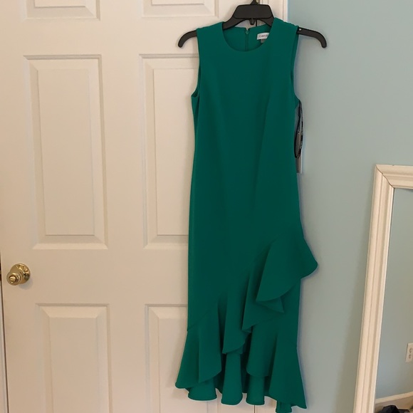 Green Calvin Klein Flounce Flow Midi Sheath Dress - Picture 3 of 6